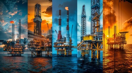 Naklejka premium A sunset over the ocean with two oil rigs in the water
