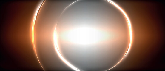 Neon glowing circle rays, light round lines in the dark, planet style neon wave lines. Energetic electric concept design for wallpaper, banner, background