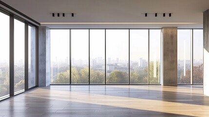 Obraz premium Empty condo interior with large windows, clean minimalist aesthetic, perfect for designers