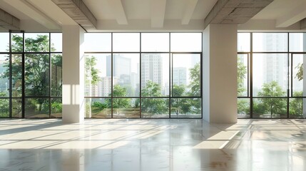 Fototapeta premium Empty condo interior with large windows, clean minimalist aesthetic, perfect for designers