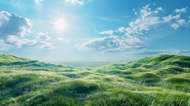 A vibrant springtime scene in Lipik featuring rolling hills bathed in bright sunshine and a clear blue sky dotted with fluffy clouds.