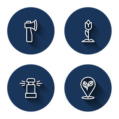 Set line Wooden axe, Flower tulip, Automatic irrigation sprinklers and Location with leaf with long shadow. Blue circle button. Vector