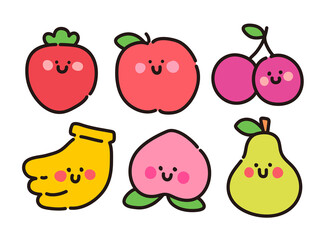 Set of hand drawn outline illustrations of fruit concepts in doodle style. The strawberry, apple, cherry, banana, peach, and pear characters have cute facial expressions.