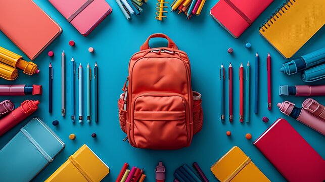 A top view of a backpack surrounded by school supplies like pencils, markers, and notebooks, forming a circular pattern with clear copy space in the middle.