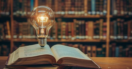 illuminated light bulb and open book in university library, education and study background, intelligence and learning banner, brainstorm idea and creativity concept