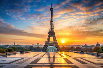 Eiffel Tower seen from Trocadero at sunrise in Paris, France, Eiffel Tower, landmark, Trocadero, sunrise, Paris, France, architecture, cityscape, iconic, famous, tourism, travel