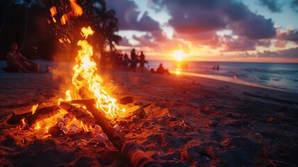 Campfire on a beach at sunset, people roasting marshmallows, vibrant colors, warm tones
