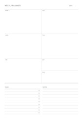 A weekly plan design template in a modern, simple, and minimalist style. Note, scheduler, diary, calendar, planner document template illustration.
