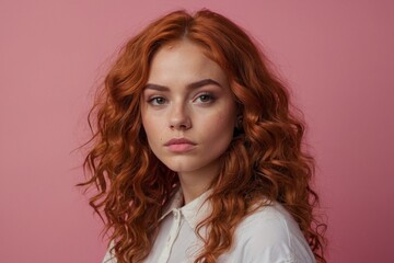 Fototapeta premium Red haired girl pink background Portrait Banner emotions Copy Space Template.
