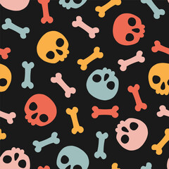 Seamless pattern with colorful bones and skulls