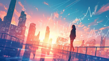 Fototapeta premium Anime girl in Japanese style standing on a bridge during sunset, stock market trends overlay, high contrast, perfect for business and finance themes