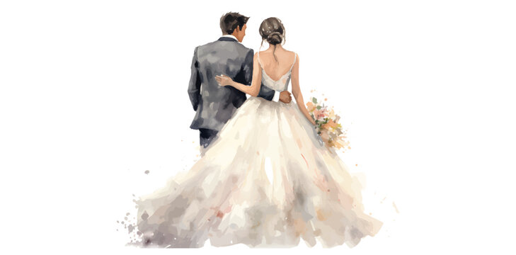 Wedding couple married with flowers watercolor illustration 