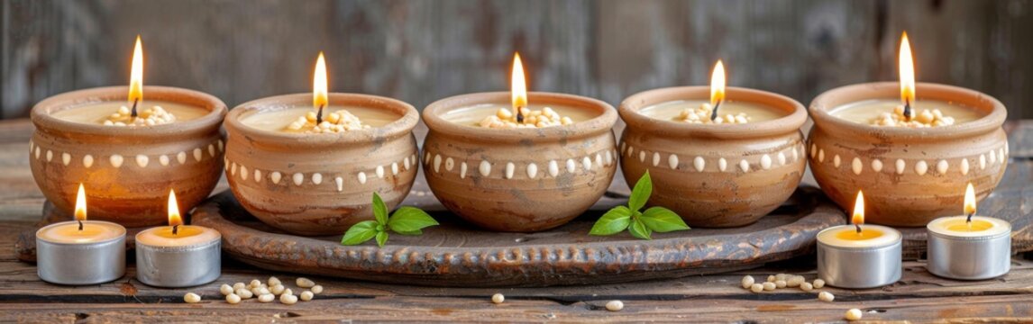 A row of five handcrafted clay candles, each with a flickering flame, sits on a wooden table in Lipik, Croatia.