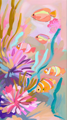 Naklejka premium Colorful illustration of tropical fish swimming in a vibrant underwater coral habitat.