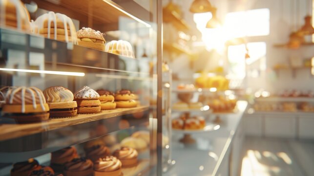 A close-up shot of a glass display case filled with various pastries in a Lipik bakery. The warm, golden light of sunset illuminates the scene, highlighting the freshness and allure of the baked goods