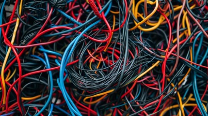 heap of tangled obsolete wire and cables, messy electric cords dump