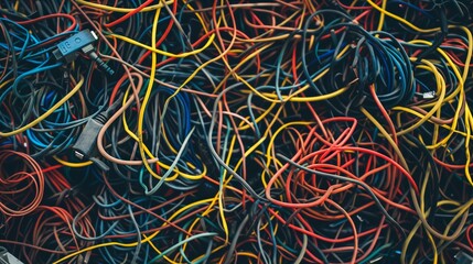 heap of tangled obsolete wire and cables, messy electric cords dump