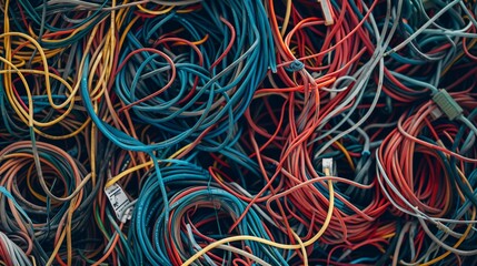 heap of tangled obsolete wire and cables, messy electric cords dump