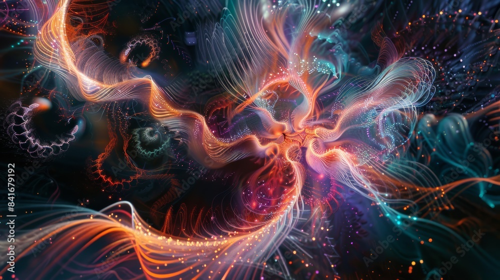 Poster A mesmerizing digital painting of electroluminescent wires intertwining and forming intricate patterns, reminiscent of a celestial tapestry.