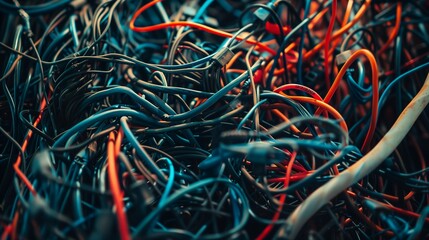 heap of tangled obsolete wire and cables, messy electric cords dump