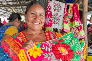 A woman in a vibrant traditional garment meticulously examines a piece of fabric adorned with intricate embroidery.