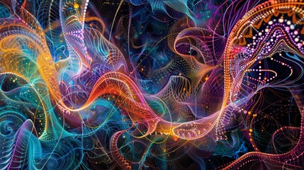 A mesmerizing digital painting of electroluminescent wires intertwining and forming intricate patterns, reminiscent of a celestial tapestry.