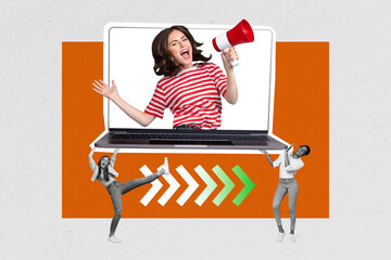 Trend artwork composite sketch photo collage of laptop device monitor confident woman appear display speak loudspeaker two lady hold hand