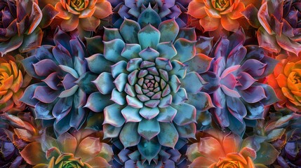A mesmerizing display of succulents arranged in geometric patterns, their vibrant hues and unique shapes creating a visually stunning composition.