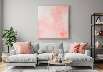 Tranquil Peach Fuzz Living Room with Oversized Wall Art Frame