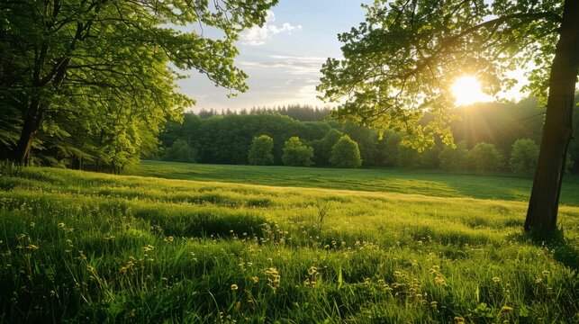 A picturesque scene of lush green fields bathed in the warm glow of a golden sunset. The image features trees lining the edge of the fields, with a large oak tree standing tall in the foreground.