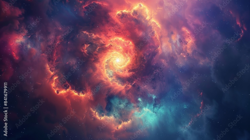 Poster a mesmerizing nebula in deep space, swirling with vibrant colors and radiating with cosmic energy.