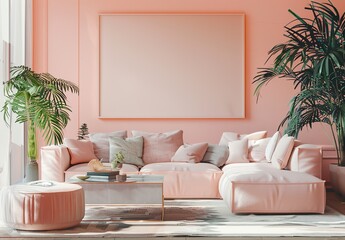 Tranquil Peach Fuzz Living Room with Oversized Wall Art Frame