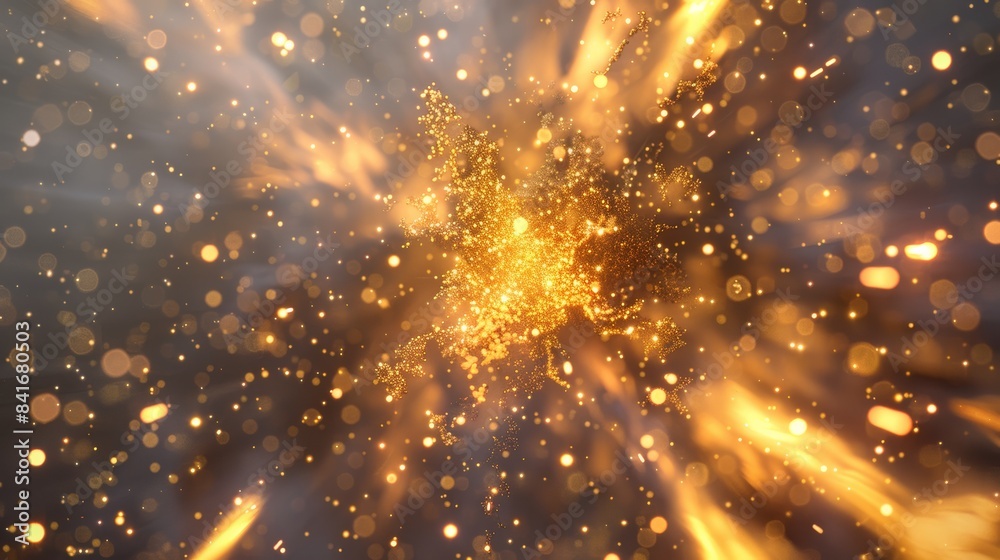 Aufkleber gold explosion amidst a swirling vortex of glowing particles, creating a mesmerizing spectacle against a clean gray background.