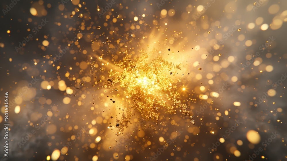 Poster gold explosion amidst a swirling vortex of glowing particles, creating a mesmerizing spectacle against a clean gray background.
