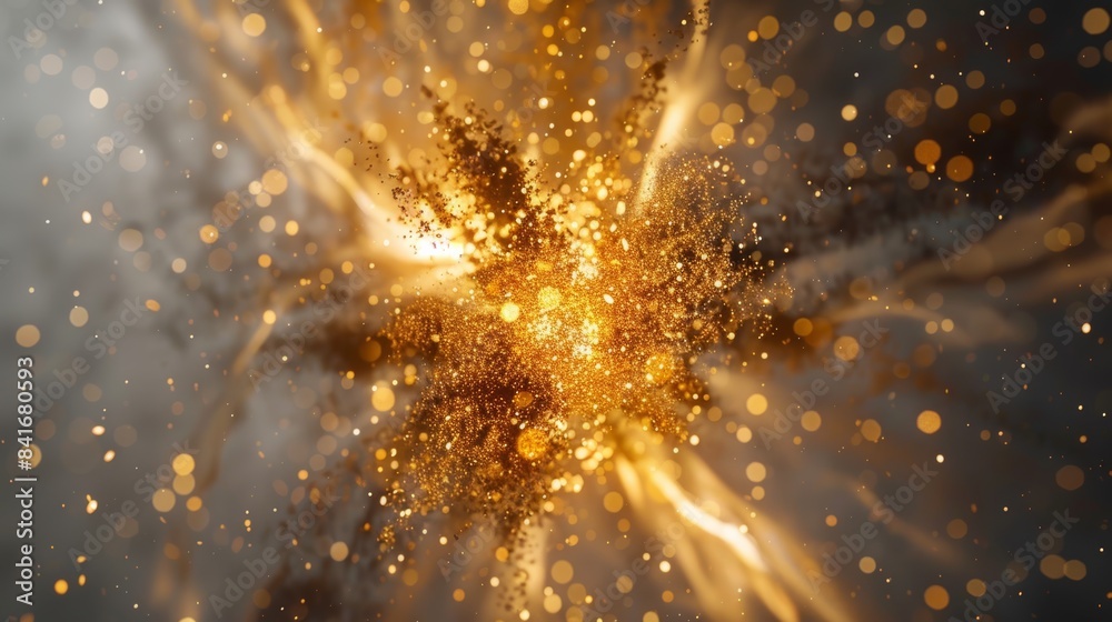 Poster gold explosion amidst a swirling vortex of glowing particles, creating a mesmerizing spectacle against a clean gray background.