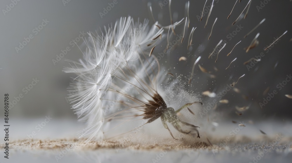Poster a mesmerizing slow-motion capture of dust particles swirling around a dandelion seed, showcasing the