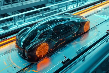 Obraz premium Modern electric vehicle with sleek design being assembled on an advanced automated production line