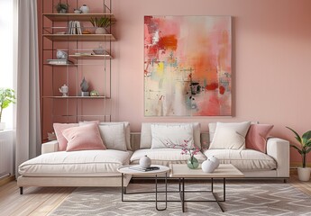 Tranquil Peach Fuzz Living Room with Oversized Wall Art Frame