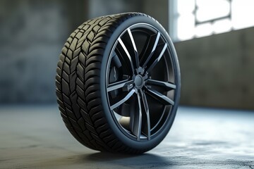 Highquality image of a new car tire with a stylish rim in a warehouse setting