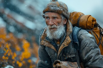 Obraz premium A weathered prospector, bundled in thick winter garb, faces the snowy elements with determination, his gaze fixed ahead as he trudges through a mountainous landscape.