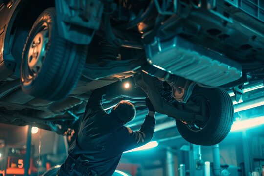 Mechanic Inspecting Car Undercarriage on Lift with Flashlight - Automotive Maintenance and Repair - Powered by Adobe