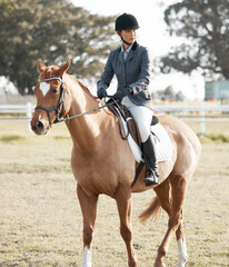 Obraz premium Horse, riding and woman on ranch or farm for fitness, training and event or competition. Exercise, animal and female jockey in countryside for equestrian, dressage and performance in arena in Texas