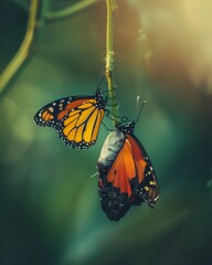 A monarch butterfly emerges from its chrysalis, its wings still damp and delicate, suspended from a slender twig. The morning light bathes the scene in a soft glow.