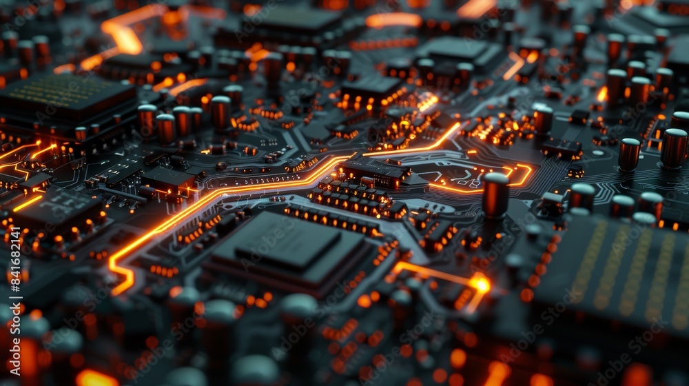 Poster a microscopic view of digital pulses and signals coursing through the veins of a motherboard, reveal