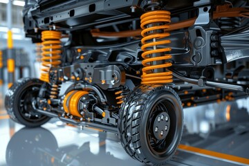 Obraz premium Close-Up of Car Suspension System Highlighting Mechanical Complexity and Importance of Maintenance