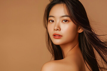 Young Asian beauty woman model long hair with korean makeup style on face and perfect skin on isolated beige background. Facial treatment, Cosmetology, Spa, Aesthetic, plastic surgery.