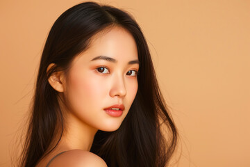 Fototapeta premium Young Asian beauty woman model long hair with korean makeup style on face and perfect skin on isolated beige background. Facial treatment, Cosmetology, Spa, Aesthetic, plastic surgery.