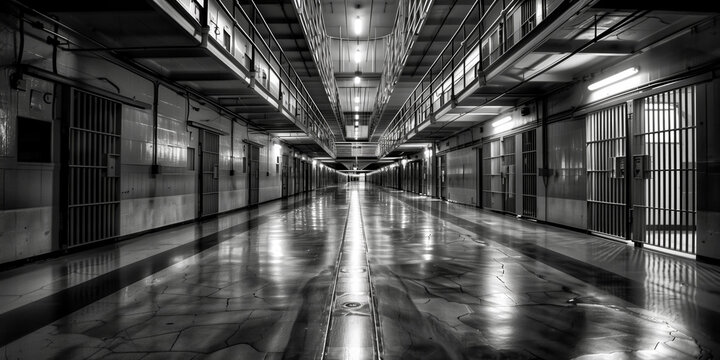 Empty prison corridor with barred cells in black and white