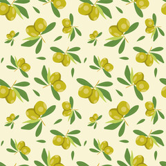 Seamless pattern in vector: green olives on a light background. Bright pattern, linear vector. For producers of olive oil, olive cosmetics, printing on tablecloths, packaging paper, oil packaging