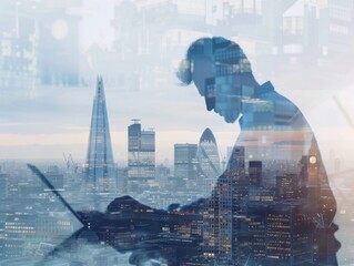 A double exposure image of a businessman working on his laptop, with the London skyline...